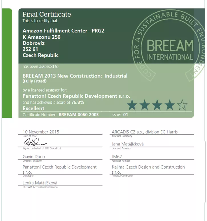 Panattoni Europe získal prestižní mezinárodní certifikát BREEAM úrovně Excellent