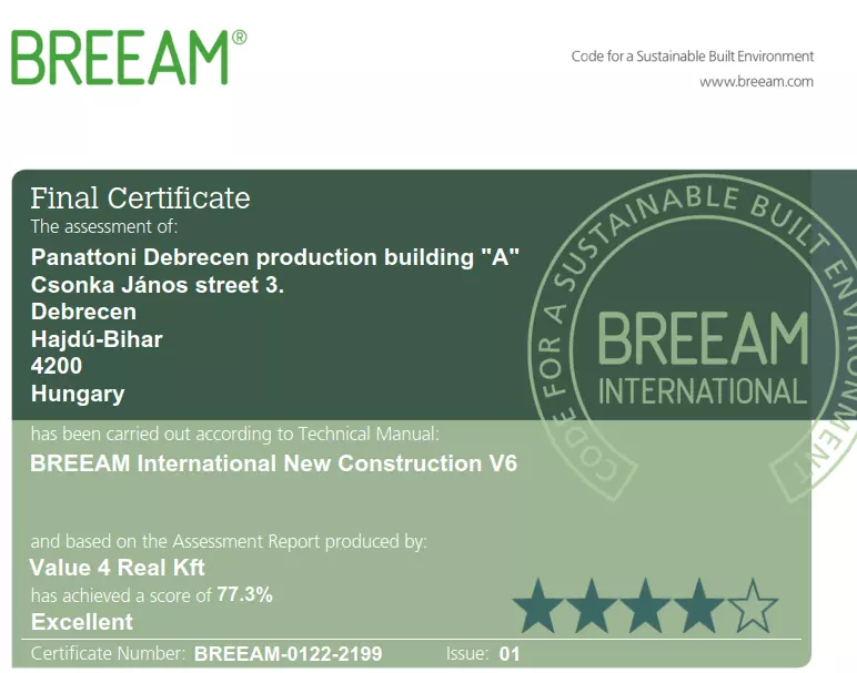 BREEAM Excellent Cert. Debrecen