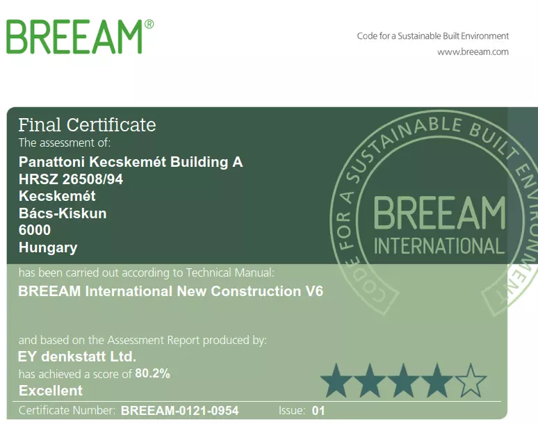 BREEAM Excellent cert. Kecskemét