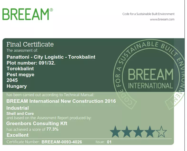 BREAAM Certificate snippet