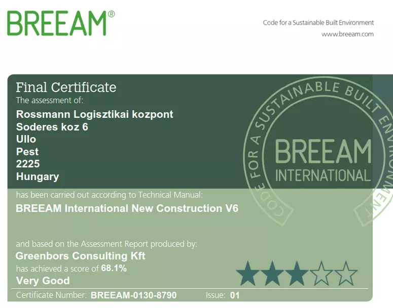 BREEAM certificate snipet